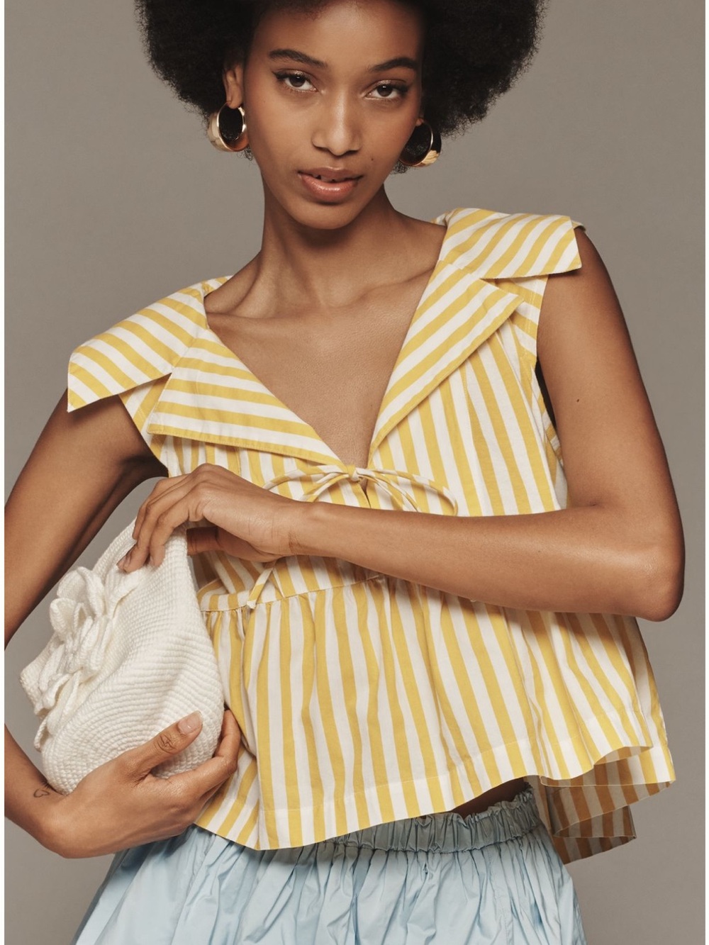 Anthropologie Maeve Babydoll Blouse XS Yellow White Stripe Tie Front